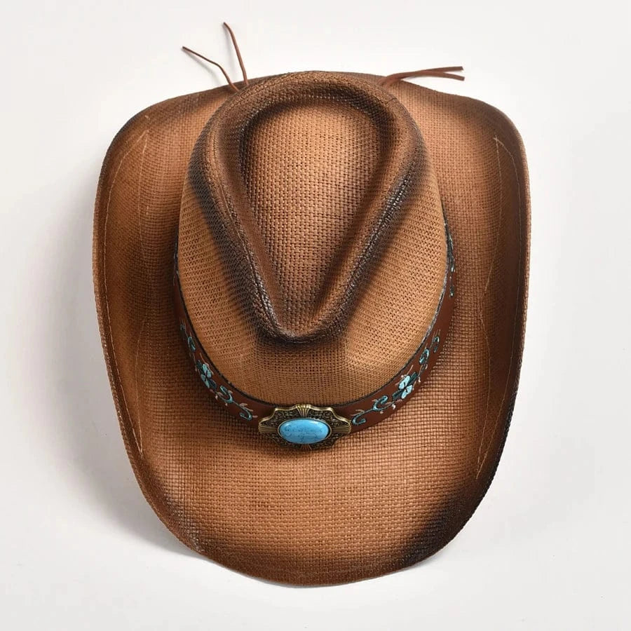 Strå Cowboyhatt med Broderad Läderrem