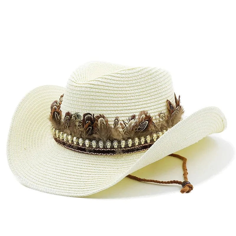 Stråcowboyhatt med fjäderdekor Offwhite / 56-58cm