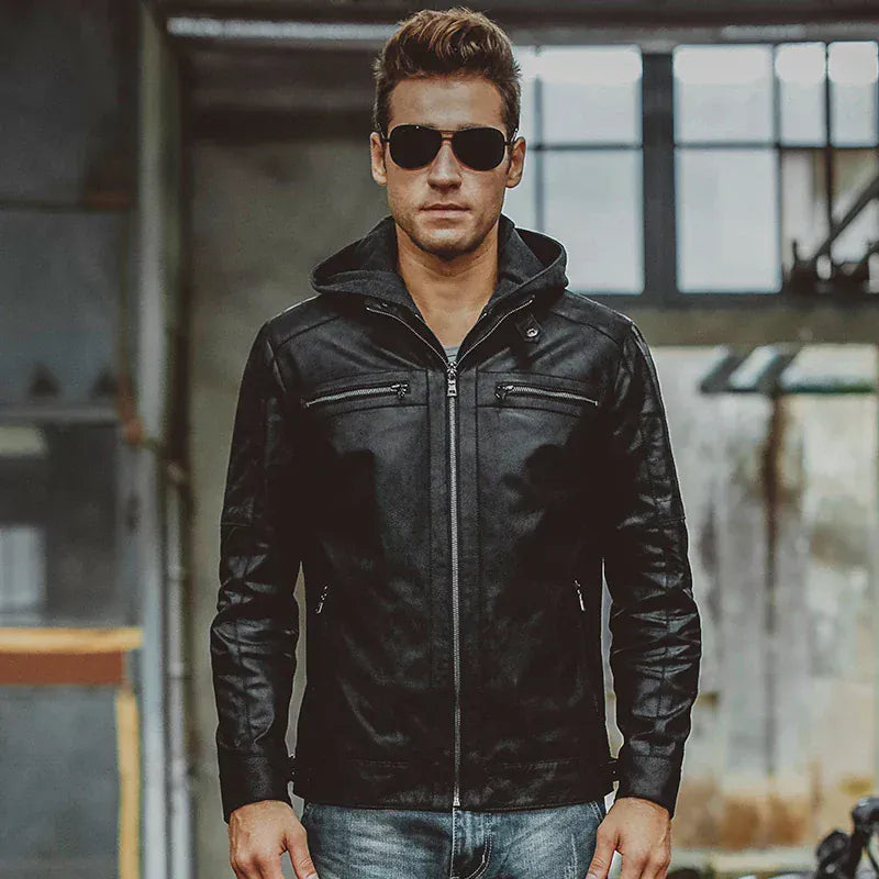 Svart skinn mc jacka med huva