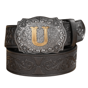 Svart westernbälte med Graverat Mönster och Initialspänne i Metall Bokstav U / 120cm