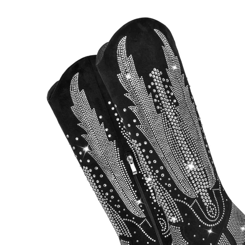Svarta Höga Cowboystövlar med Strass för Dam