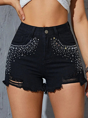Svarta jeansshorts med strass Svart / S