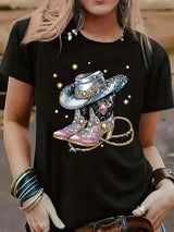 T-shirt med glittrande cowgirlboots och hatt Svart / XS