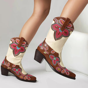 Tvåfärgade Höga Cowboyboots med Blommigt Broderi för Dam