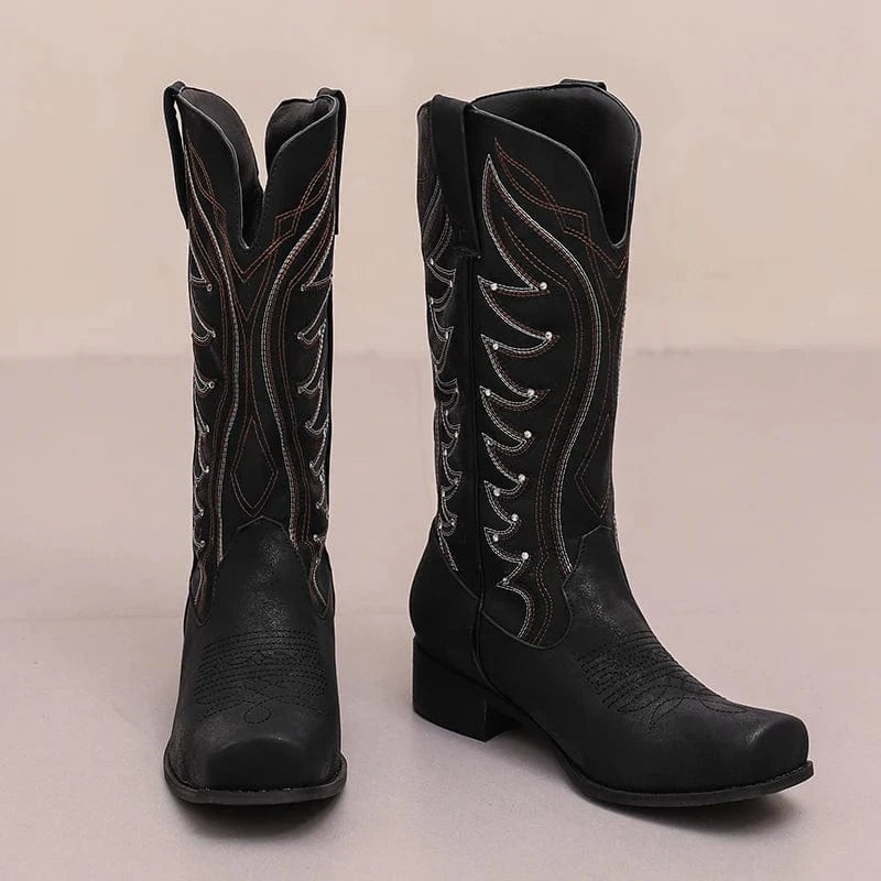 Tvåfärgade Höga Cowboyboots med Fyrkantig Tå för Dam