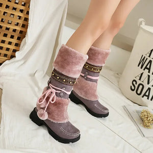 Vinter cowboyboots med fluffig insida och dekorativ snörning
