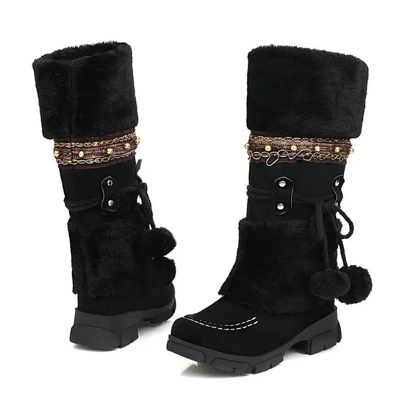 Vinter cowboyboots med fluffig insida och dekorativ snörning