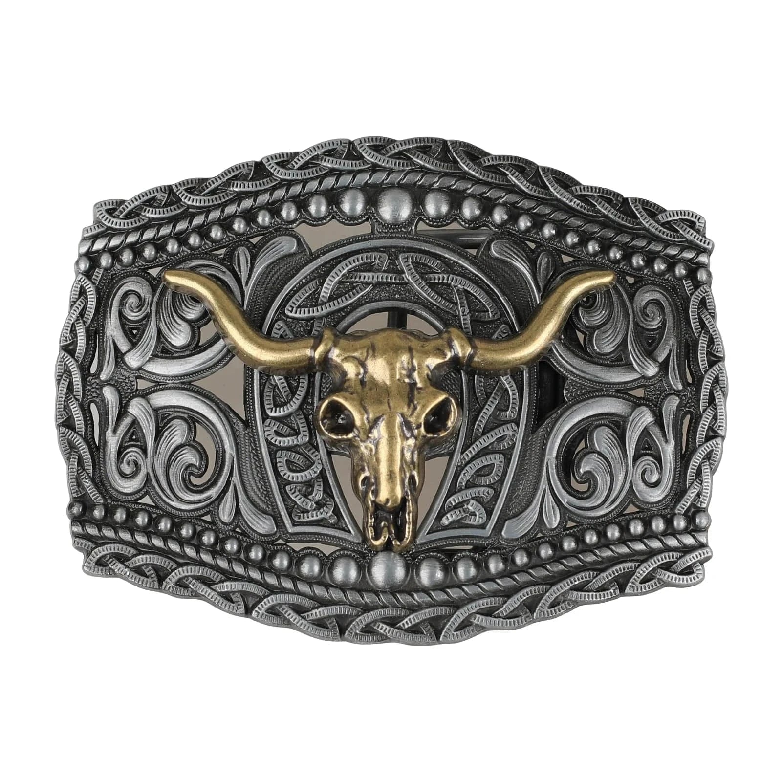 Western Bältesspänne i Metall med Präglad Design Böjda hornskalle