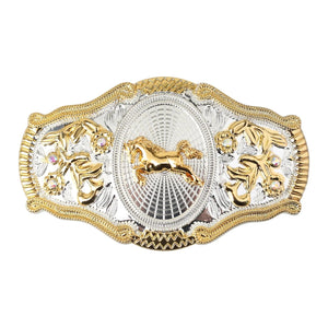 Western Bältesspännen Guld Silver Djurmotiv Vita Strass Blommig Relief Galopperande häst