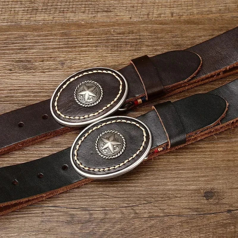Westernbälte i Äkta Läder med Rund Spännesdesign och Vintage-känsla