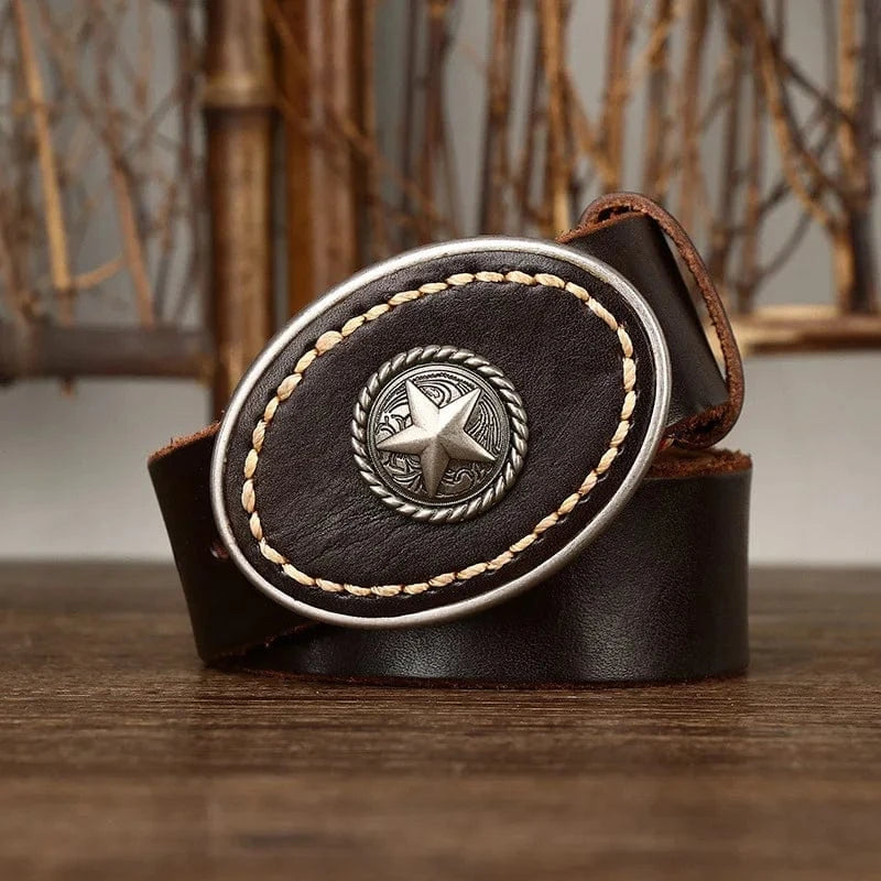 Westernbälte i Äkta Läder med Rund Spännesdesign och Vintage-känsla