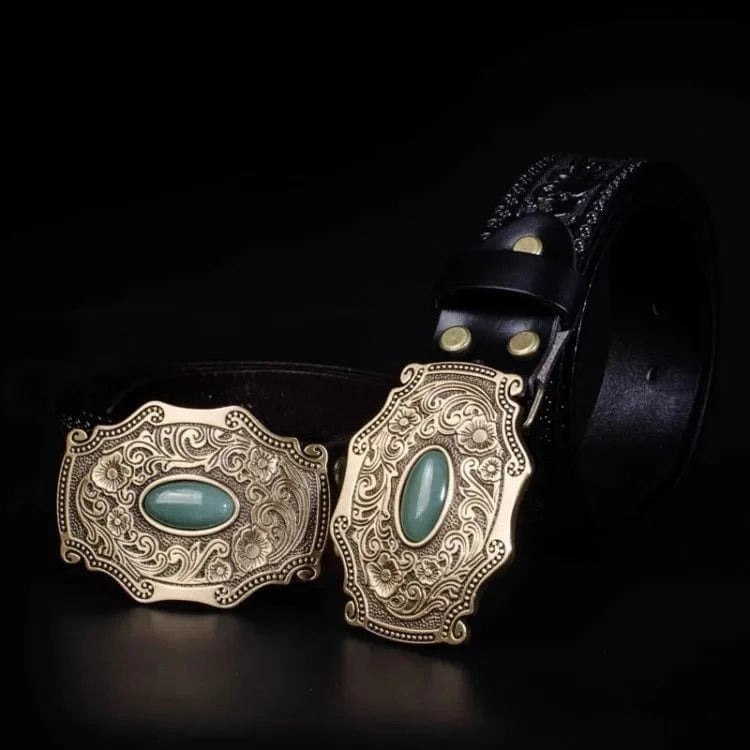 Westernbälte i Präglat Läder med Graverat Kopparspänne och Grön Jade