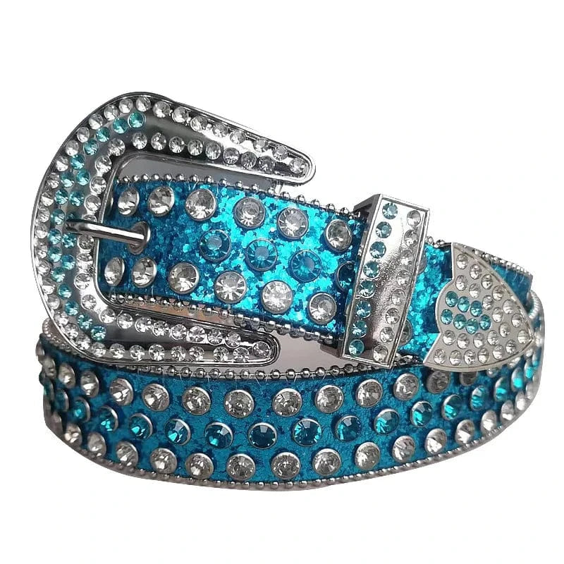 Westernbälte med kristalldekor Sjöblå / 105cm
