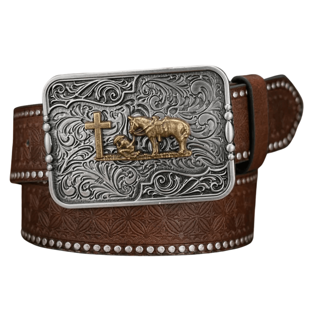 Westernbälte med silverfärgat cowboy prayer Mörkbrun / 120cm
