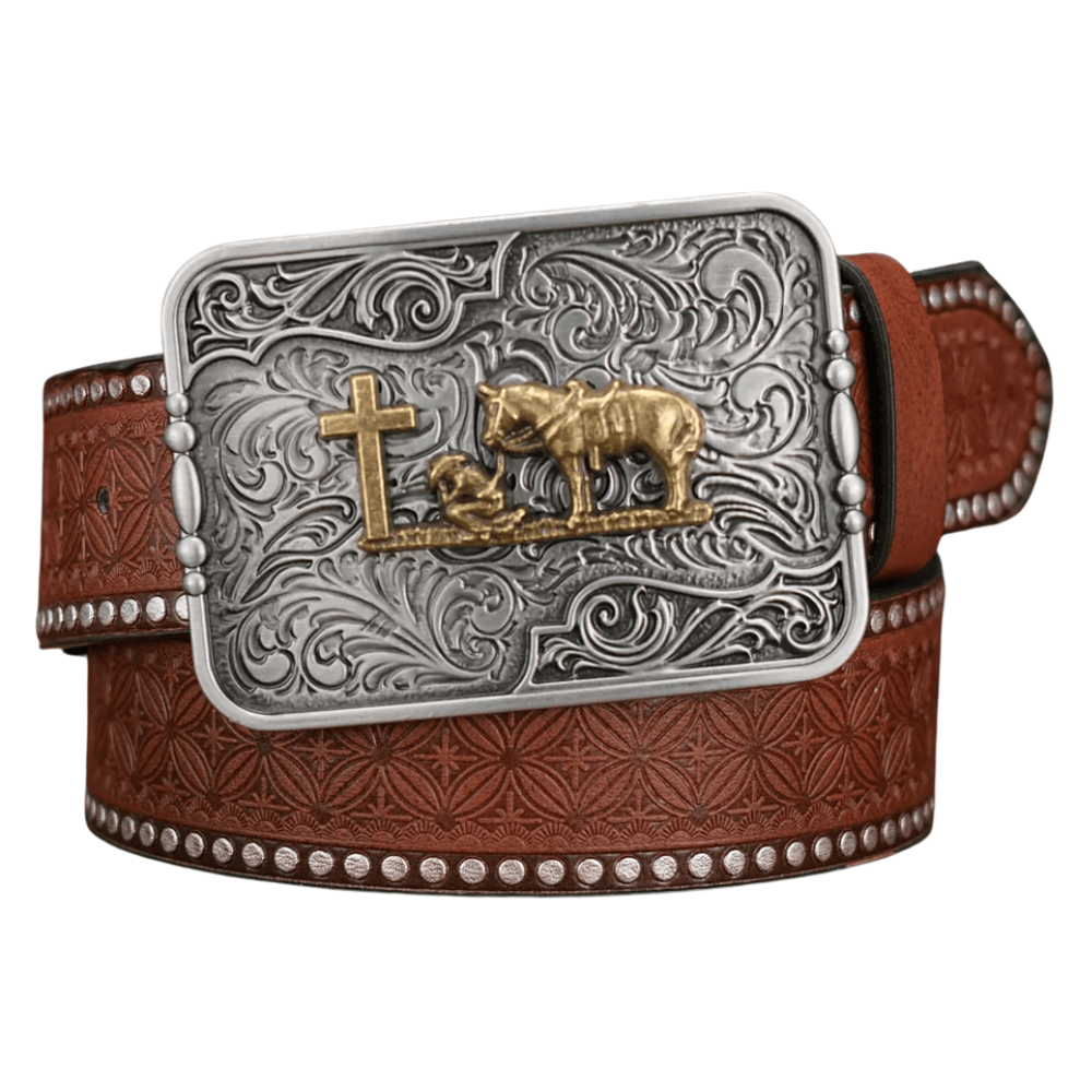 Westernbälte med silverfärgat cowboy prayer Ljusbrun / 120cm