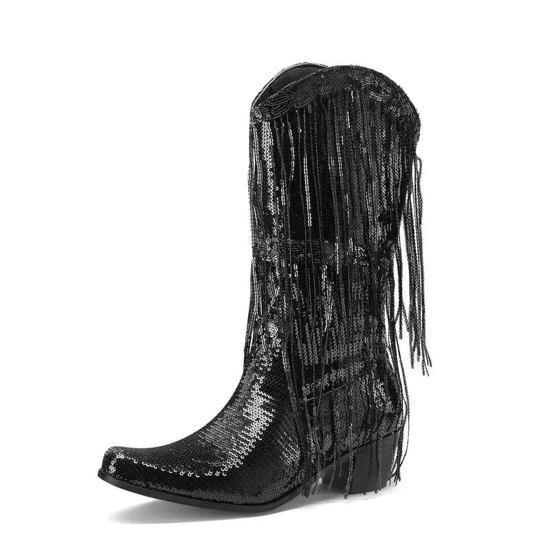 Westernboots med Glittrande Fransdesign Svart / 35