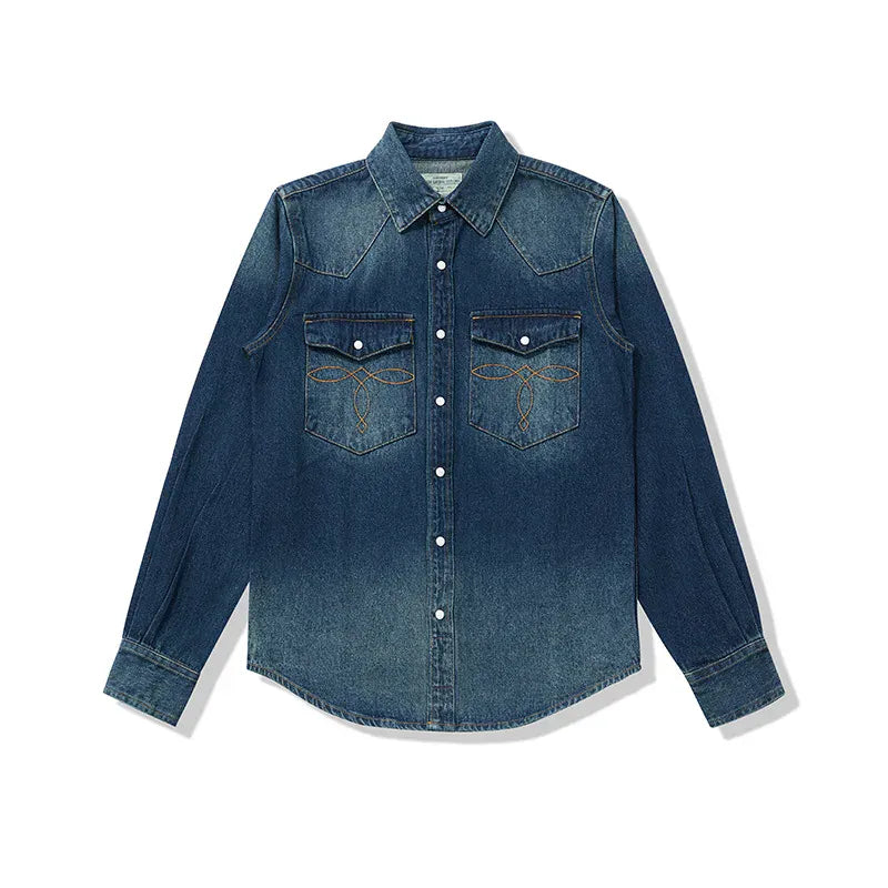 Westernskjorta i tvättad denim Vintageblå / S