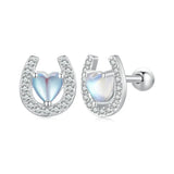 WOSTU 925 Sterling Silver Lucky Horseshoe Stud Earrings For Women Rainbow Moonstone Zircon Ear Clips Pendient Girl Birthday Gift CQE1612